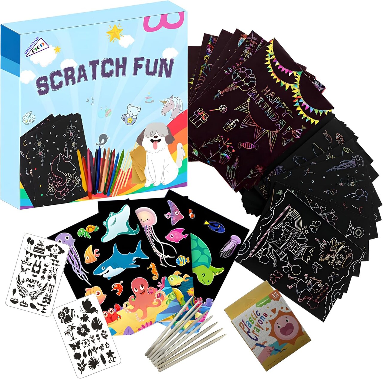 36+9 Scratch Art Paper Kit with Pre-Outlined Template ,4 Follow Boards 8 Scratch Pens 12 Crayons 4 Velvet Clothes